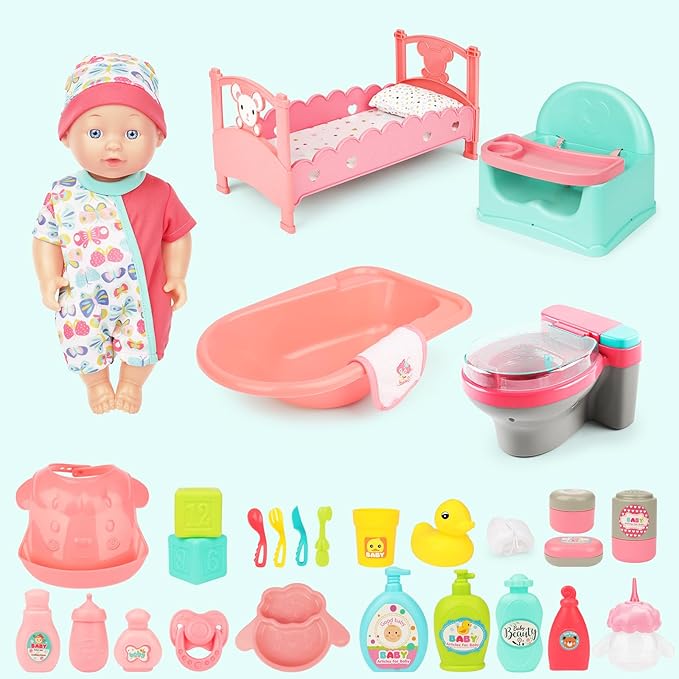 deAO Baby Doll Play Set, 25 PCS Baby Dolls Accessories with Doll High Chair Seat High Crib Toy Toilet and Bathtub Pretend Play Toys Gift for Ages 3 4 5 6 7 8 9 Girls Kids