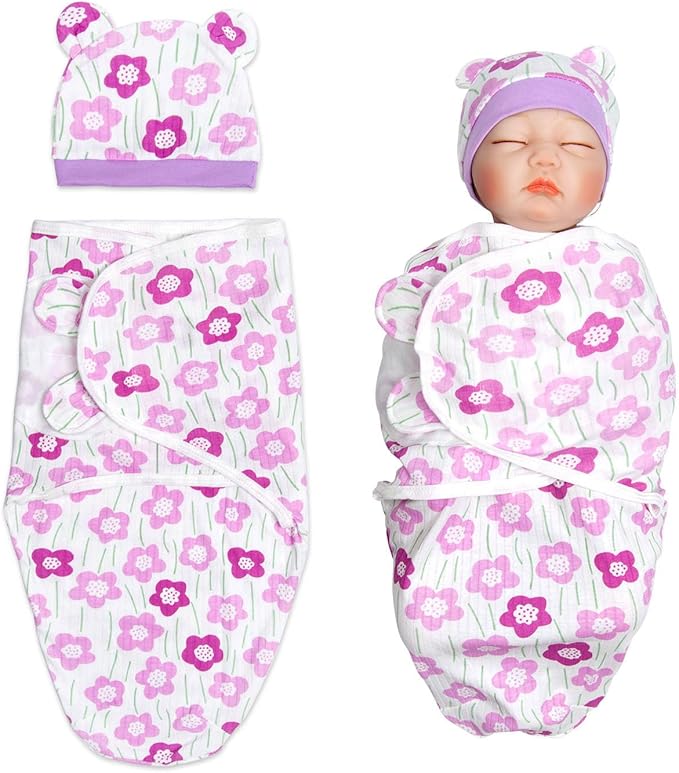 Reborn Baby Doll Swaddle Blanket 17-22 Inch Girl Purple Flowers Wrap Blanket 2 Pcs - Swaddle Blanket + Hat, Reborn and Newborn Baby Doll Clothes Accessories