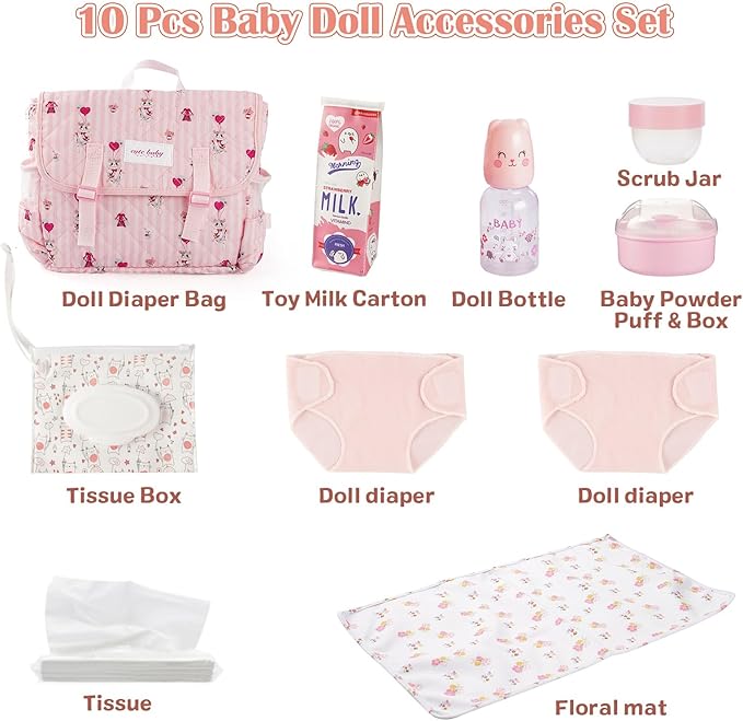 BABESIDE 9 Pcs Reborn Baby Doll Accessories Set for 17-22 Inch Reborn Dolls, Feeding and Care Set, Including Baby Doll Diaper Bag, 2 Diapers, Great for Children's Pretend Play (Doll not Included)
