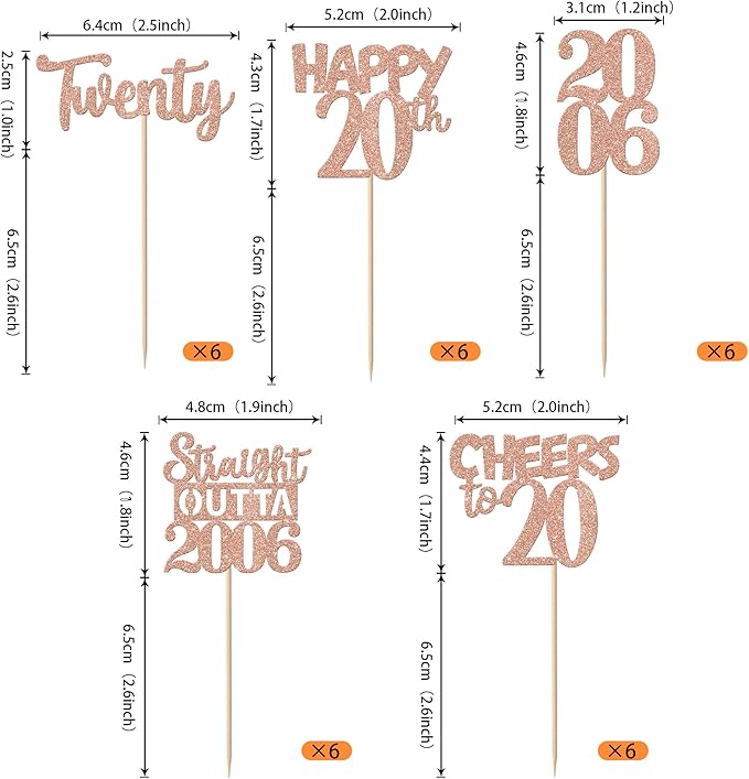 30PCS 20th Birthday Cupcake Toppers Glitter Twenty Happy 20th Straight Outta 2005 Cupcake Picks for Cheers to 20 Years Birthday Wedding Anniversary Party Cake Decorations Supplies Rose Gold