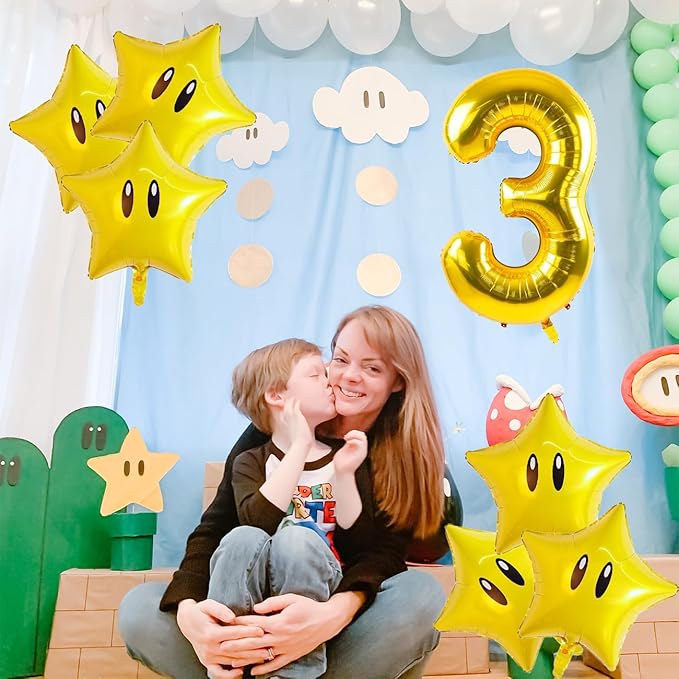 16PCS Foil Star Balloons, 40Inch Number 3 and Star Foil Balloons For Game Theme 3rd Birthday Party Decorations Children Party Supply Party Decor (3rd)