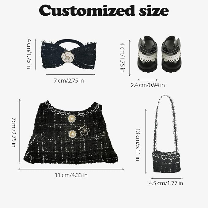 Clothes Compatible with LABUBU Doll – 4PCS Black Tweed Dress Set, 17cm Doll Clothes Designer Outfit for Classic Dinner Party Theme, Stylish Accessories for Labubu, No Doll (Midnight Tweed Charm)