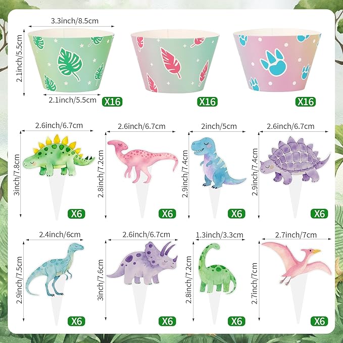 48 Pack Watercolor Dinosaur Cupcake Toppers and Wrappers, Colorful Dinosaur Party Cake Decoration for Dino Theme Birthday Party Baby Shower Supplies