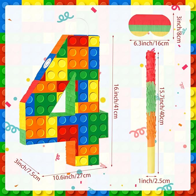 Hooqict Building Blocks 4th Birthday Party Decorations Number 4 Pinata with Pinata Stick & Blindfold for Kids Girls Boys Happy Birthday Building Block Theme Party Supplies Carnival Games