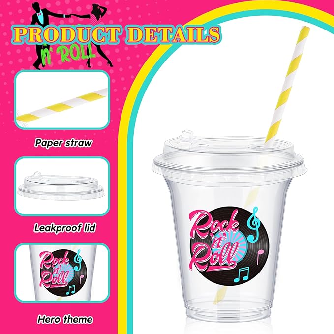 Boao 36 Sets 1950s Party Decorations 50's Rock and Roll Cups with Lids and Paper Straws 14 oz 50s Retro Birthday Plastic Cups 50's Theme Birthday Music Party Supplies