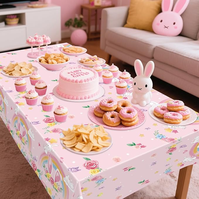 4 Pack Pink Bunny Party Tablecloth Supplies, Rabbit Rectangle Plastic Tablecloth for Rectangle Tables Gilrs Birthday Party Supplies Favors 51'' X 86''
