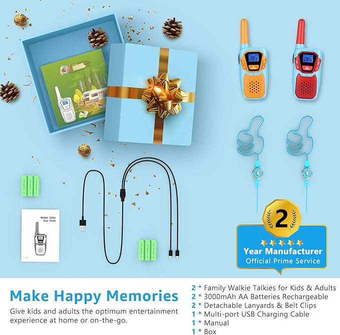 Walkie Talkies for Kids Long Range Walkie-Talkie for Adults Rechargeable 2 Way Radios 2 Pack with Lanyard NOAA USB VOX, Family Toys for 3-12 Year Old Boys Girls Toddlers Camping Hiking