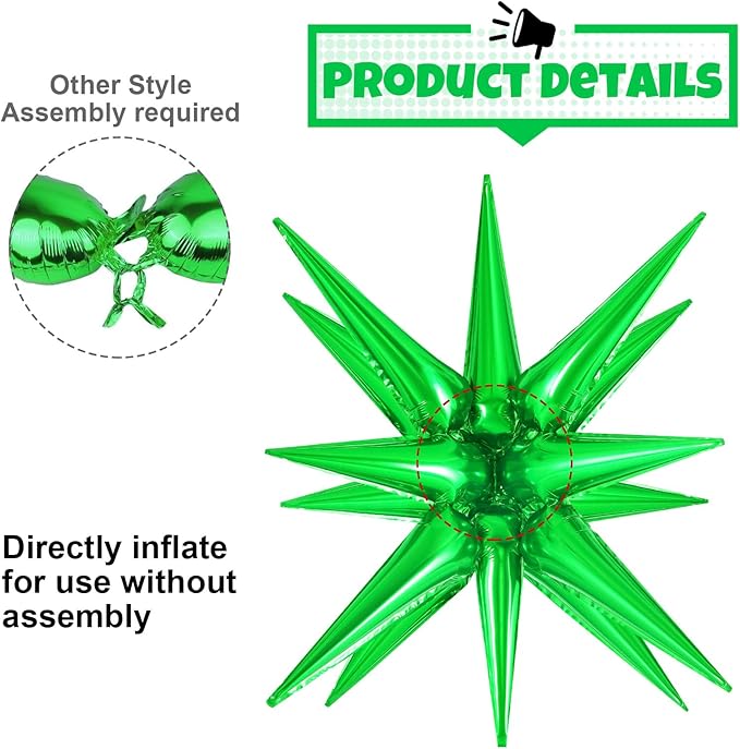 10 Pcs Green Star Balloons Explosion Balloons Foil Cone Balloon Magic for Birthday Wedding Anniversary Party Backdrops Decorations Supplies, 6 Pcs 22Inches and 4 Pcs 27Inches