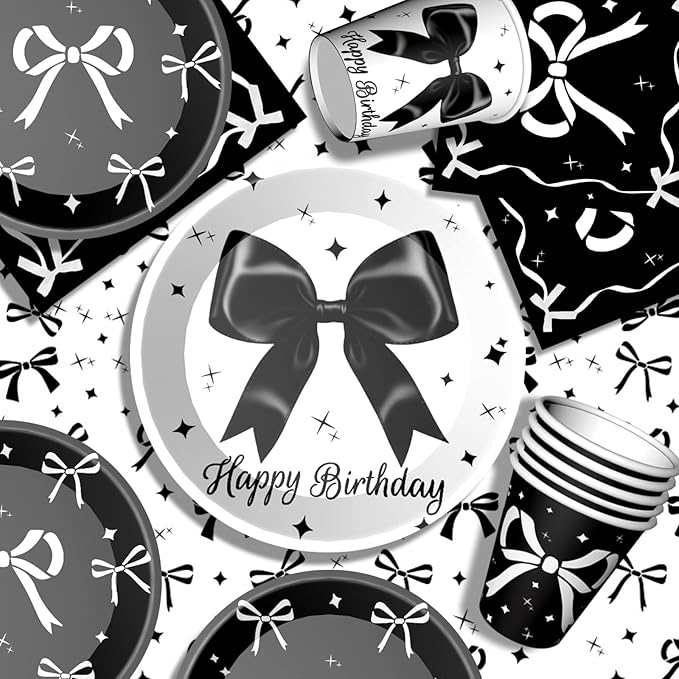 Black Bow Birthday Party Supplies Girl Coquette Birthday Party Decorations Includes Black Bow Plates Napkins Cups Tablecloth Banner for Bow Theme Party Decorations, Serve 24