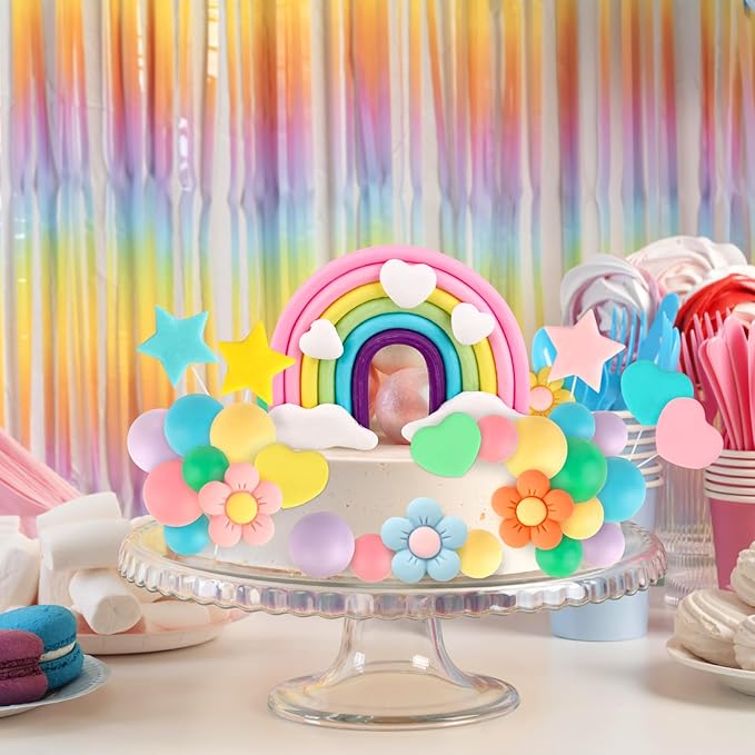 Hooqict 33 PCS Rainbow Cake Topper with Daisy Flower Pastel Balls Boho Rainbow Cake Decorations for Wedding Girls Boys Groovy Hippie Birthday Party Decorations Supplies
