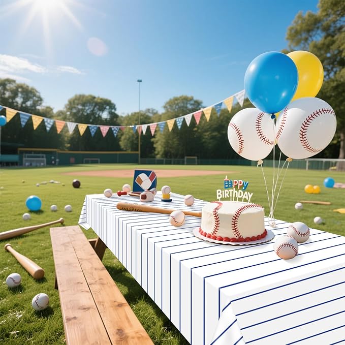 Baseball Tablecloths, 4 Pcs Blue and White Stripe Plastic Table Covers for Baseball Birthday Decorations Sports Theme Party Supplies