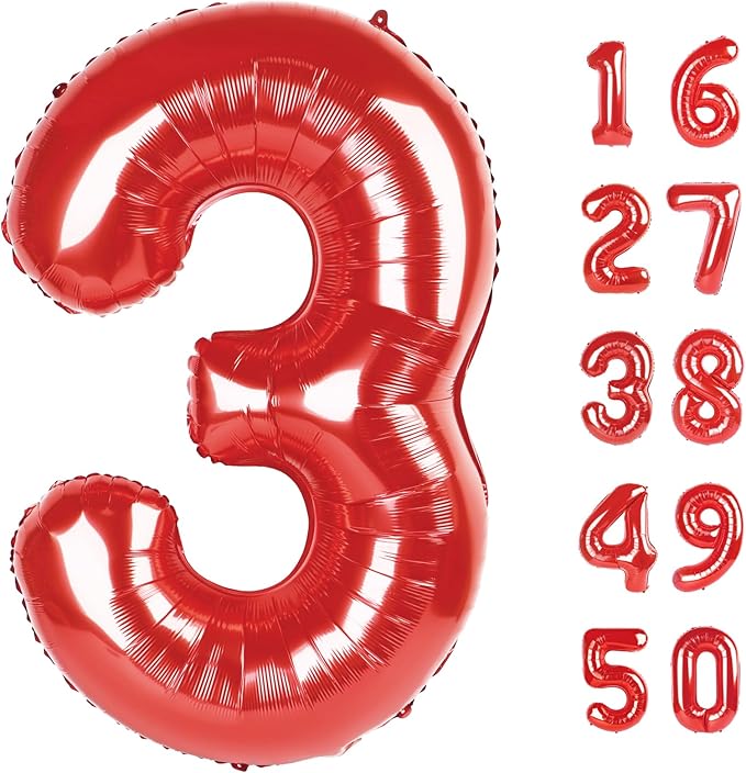 Red Number 3,Balloons 40 Inch Giant Foil Large 3 Number Balloons,Number 3 Digital 3 Helium Balloons 13 23 30 33 Numbers Birthday Decorations for Parties, Anniversaries Supplies Decorations