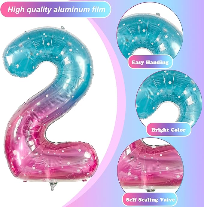 Mermaid 2 Balloons, 40 Inch Giant Rainbow Starry Helium Mylar Foil Number 0-9, Purple Teal 2nd Birthday Balloon for Girls, Blue Pink Morados Numero Two Balloons for Women Anniversary Party Decorations