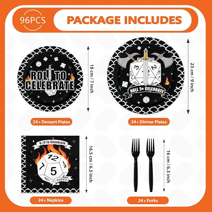96Pcs D20 Dice Party Supplies Dungeons Game Themed Dragons Dice Plates and Napkins Roll to Celebrate Tableware Set for Role-Playing Birthday Game Theme Party Supplies，Serves 24