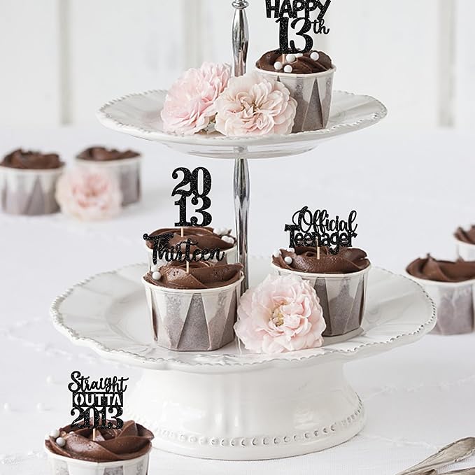 30PCS Black 13th Birthday Cupcake Toppers Glitter Thirteen Happy 13th Straight Outta 2012 Cupcake Picks for Cheers to 13 Years Birthday Anniversary Party Decorations Supplies
