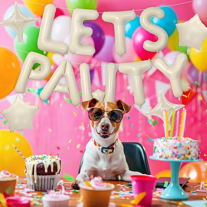 Lets Pawty Balloons Banner 16 Inch,Beige Dog Birthday Decorations with 4pcs 10 Inch Star Balloons,Paw Foil Letter Balloon for Dogs Paw Pet Puppy Theme Party Supplies