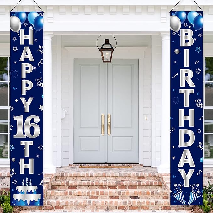 Blue Silver 16th Birthday Door Banner Decorations, Happy 16 Birthday Party Porch Sign Supplies for Boys, Sweet 16 Year Old Birthday Party Supplies