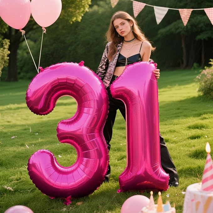 Rose Red Number 3 Birthday 40 Inch Balloons for Girls,Mylar 3 Hot Pink Balloon Number, Big Foil 3 & 1 Helium Number 13 31 Balloon for Women Birthday Party Decorations Anniversary Decor Supplies