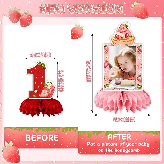 Strawberry Birthday Decorations, Strawberry Sweet One Party Decorations Honeycomb Centerpiece for Table, Strawberry Baby Birthday Decorations Girl Photo Table Centerpiece Party Supplies