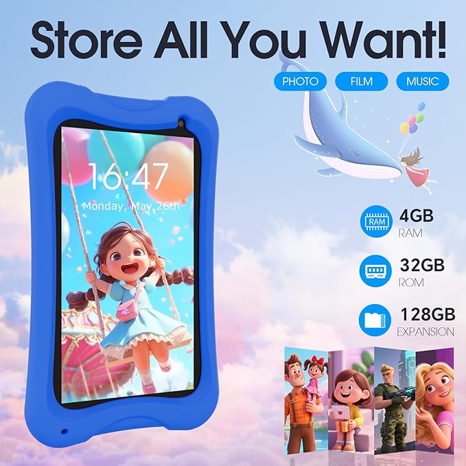 DigiLand 7 inch Kids Tablet, Quad-core CPU, 4GB+32GB+TF Expand,Dual Camera 2MP+5MP,Safety Eye Protection,Education,Tablet for Toddle with WiFi,Games,Parental Control APP,with Proof Case(Blue)