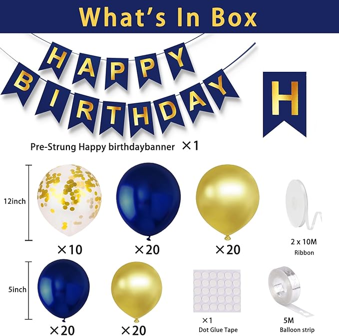 Navy Blue Birthday Party Decorations for Men Decor 100pcs Gold and Navy Blue Balloons Garland Arch Kit Pre-Strung Happy Birthday Banner Girls 16th 18th 30th 40th 50th 60th 70th 80th 90th for Boys