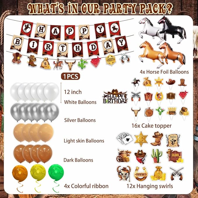 Western Cowboy Birthday Party Supplies,Western Cowboy Birthday Party Decorations Supplies Include Banner,Horse Balloons,Cake Toppers, Spiral Party Decoration