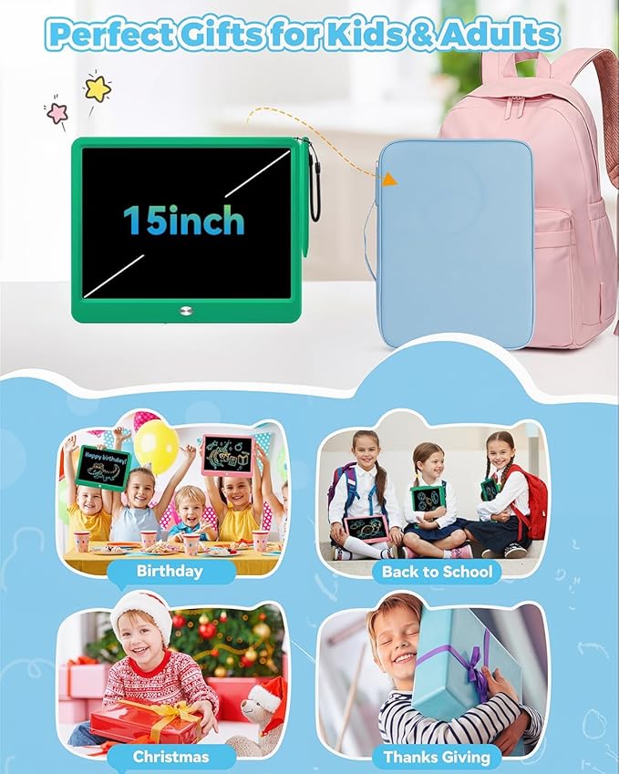 KOKODI 15 Inch LCD Writing Tablet with Anti-Lost Stylus, Erasable Doodle Board Colorful Toddler Drawing Pad, Car Travel School Games Toys for 3 4 5 6 7 8 Kids, Birthday Gift for Girls Boys Green