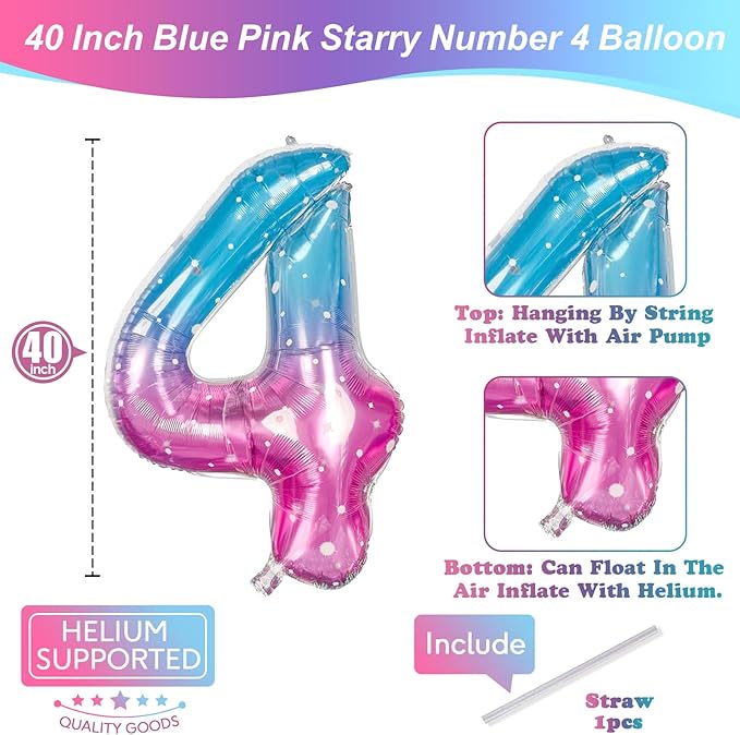 Purple Teal Number 4 Balloons, 40 In Large Mermaid Starry Number 4 Mylar Foil Helium Balloons for Girls, Self Inflating Rainbow Number Four Balloon for Women 4th Birthday Anniversary Party Decoration