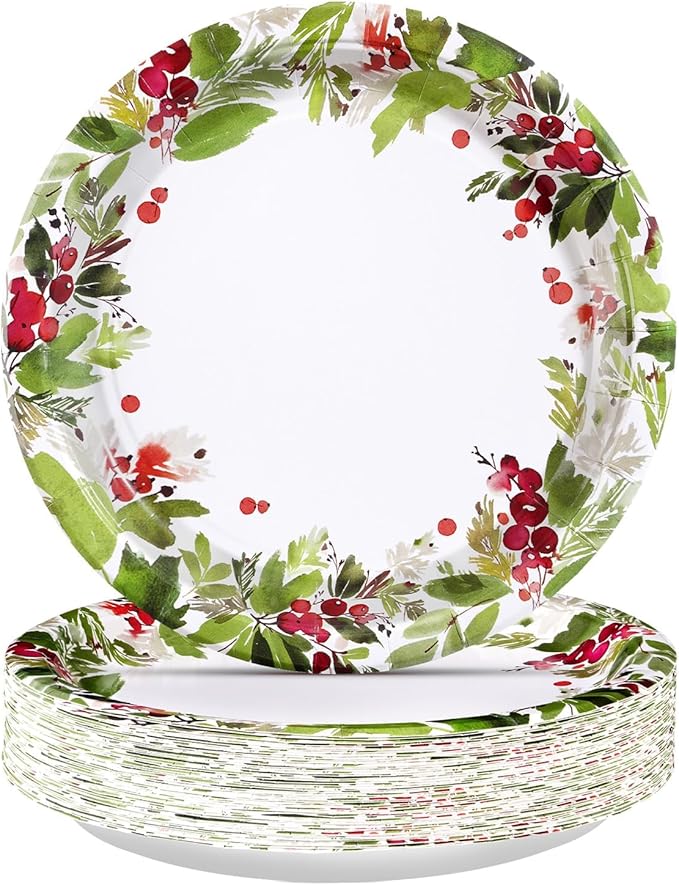 50Pcs Christmas Paper Plates 10" Watercolor Holly Plates Disposable Mistletoe Berry Platter Dinner Tableware Christmas Party Decorations for Seasonal Winter Holiday Party Supplies