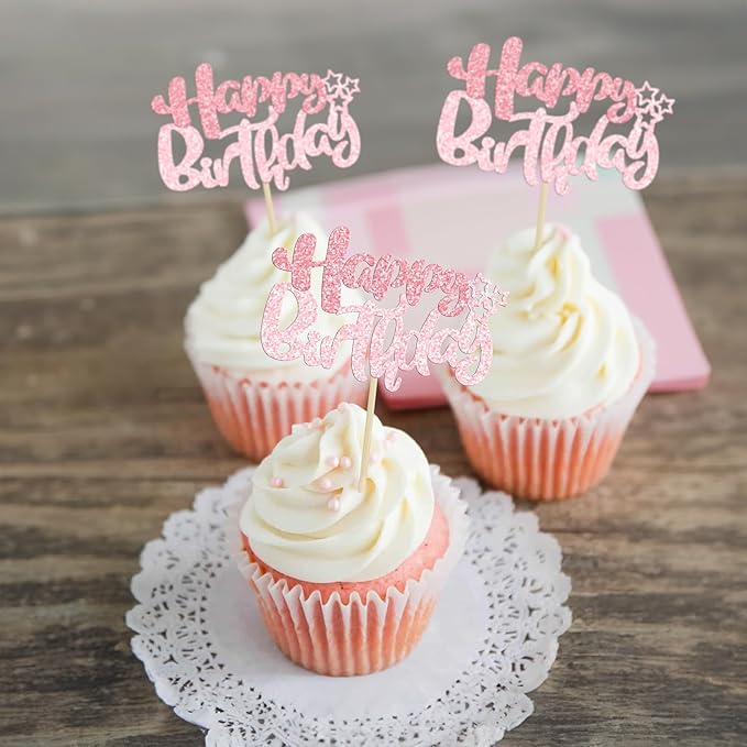 Ephlyn 24Pcs Pink Light Pink Happy Birthday Cupcake Toppers for Baby Shower, Kids Boys Girls Birthday Anniversary Party Cake Decorations