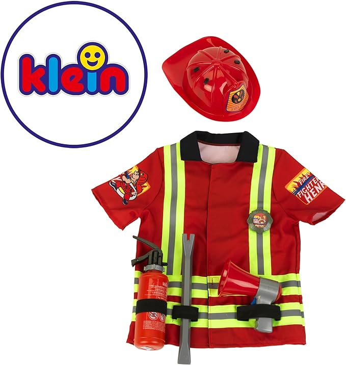 Klein: PRO Firefighter Costume - Red & Yellow - 5pc Set, Dress Up Outfit & Toy Accessories, Megaphone-Crowbar-Badge-Helmet, Pretend Play, Kids Ages 3+