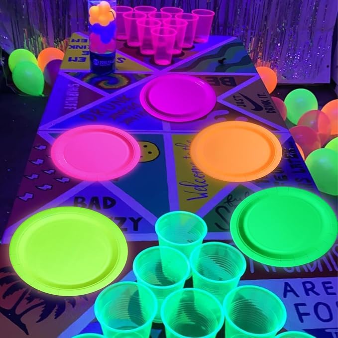 50 Pcs Glow in the Dark Neon Party Supplies, 5 Color Neon Birthday Plates Disposable Paper Plates for Let's Glow Party Decorations Halloween, 9 x 9 inches