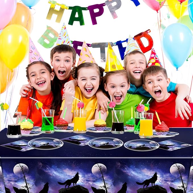 Wolf Birthday Party Tableware Set,20 Plates and 20 Napkins and Tablecloth 86 '' x 51 '', Wolf Animal Party Decorate Supplies
