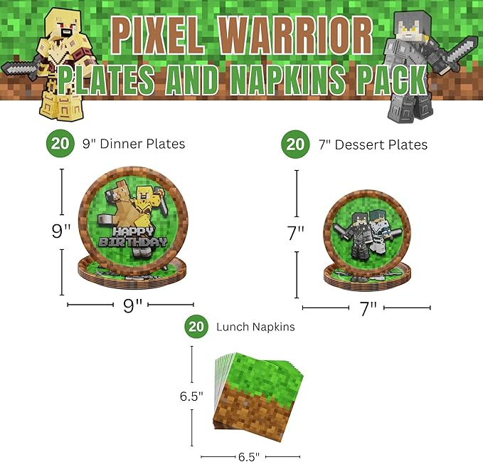 Blue Orchards Pixel Warrior Plates and Napkins (60 pieces for 20 Guests) - Video Game Party Supplies, Mining Craft Party, Pixel Miner Decorations
