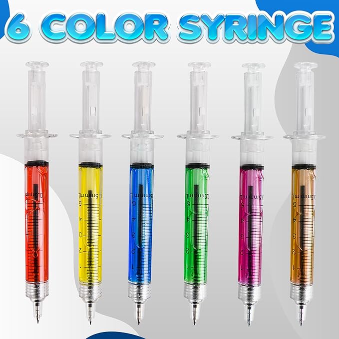 Bedwina Syringe Pens - (Bulk Pack of 12) Retractable Fun Multi Color Novelty Pen for Nurses, Nursing Student School Supplies, Birthdays, Stocking Stuffers and Toy Party Favor Gifts