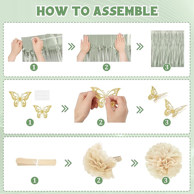 Sage Green Birthday Decorations for Women Girls, Green Sand Gold Confetti Metallic Printed Balloons Butterfly Stickers Fringe Curtain Happy Birthday Banner Star Garland Paper Pompoms Party Supplies