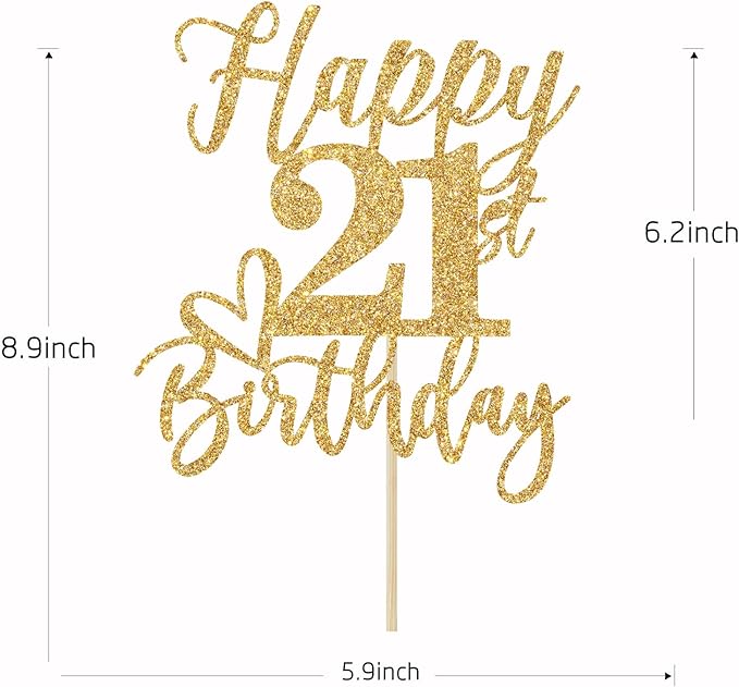 Gold Glitter Happy Birthday Cake Topper, Funny 21st Birthday Party Supplies