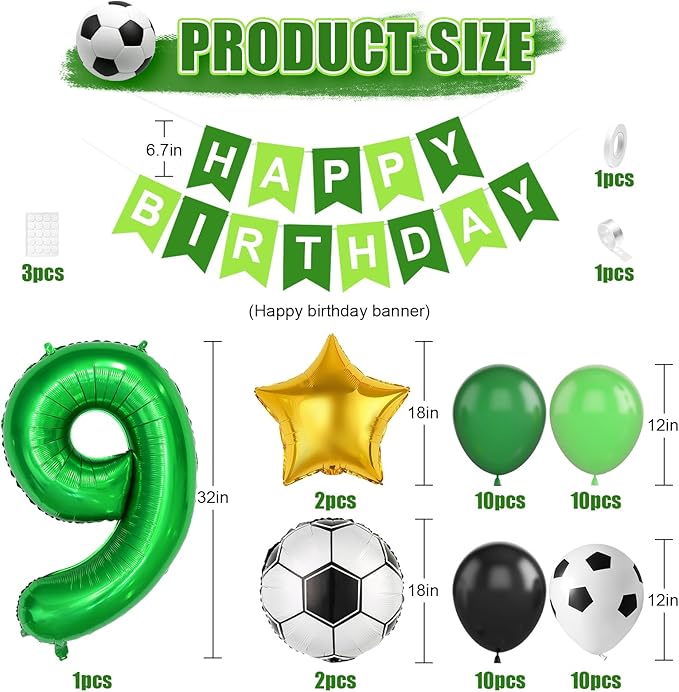 Soccer Birthday Party Decorations for Boys, 9th Soccer Birthday Decoration with Green Black White Balloons 'HAPPY BIRTHDAY' Banner Cake Toppers 32in Foil 9 Balloon for Kids Boys Sport Party Decor