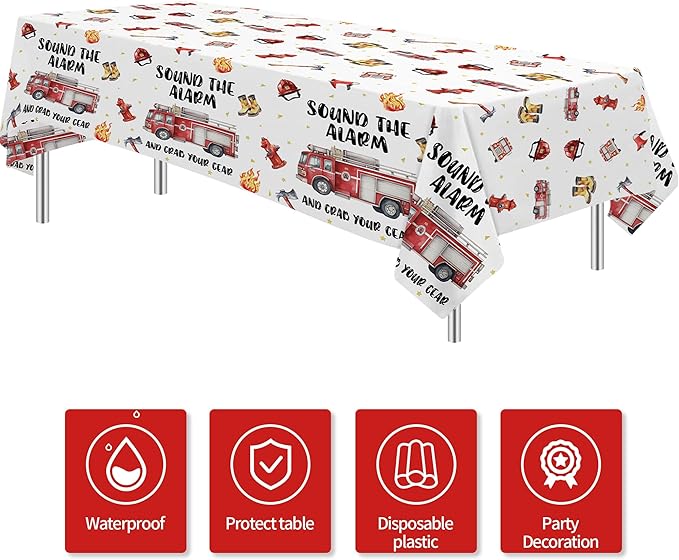 Fire Truck Birthday Decorations Supplies Tablecloth for Kids, 3Pcs Disposable Sound The Alarm Theme Firefighter Party Table Cover Decorations for Fireman Birthday Baby Shower, 55in x 86in