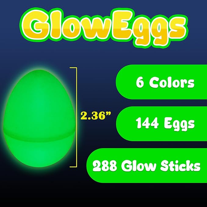 MGparty Glow in The Dark Easter Egg Hunt Set - 144 Fillable Plastic Eggs with 288 Mini Glow Sticks for Kids - Easter Basket Stuffers, Party Favors, Classroom Prizes, and Game Supplies