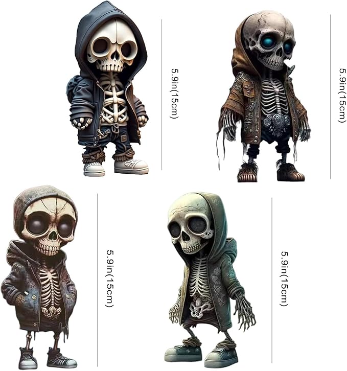 4pcs Mini Skeleton Figurines Small Skulls Action Figure Halloween Resin Gnome Statue Cute Cool Home Desk Office Decor