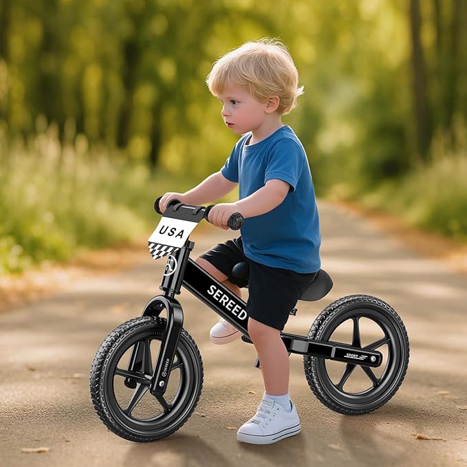 SEREED Toddler Balance Bike 2 Year Old, No Pedal Kids Toy Bike for 2-5 Years Old, Tool-Free Adjustment, Gift for 2-3 Girls, Customize Plate with 3pcs Stickers (Black)