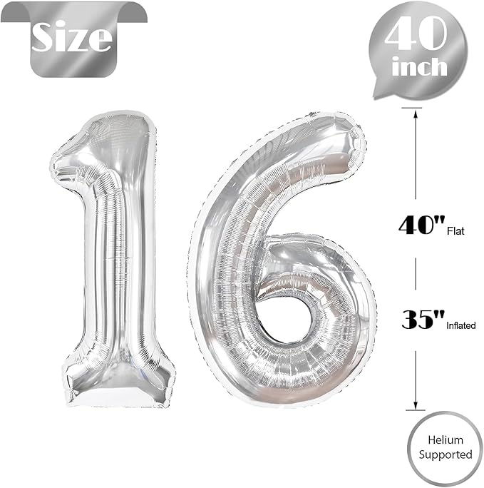 Silver Number 16 Balloon 40 Inch, 16th Birthday Party Decorations for Children, Giant 16 Foil Balloon for Party Supplies
