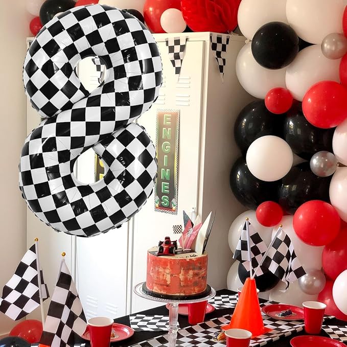 TONIFUL 40 Inch Checkered Number 8 Balloon 8th Race Car Birthday Party Supplies Black and White Large Number Balloon for Girls Boys 8th Birthday Fast Race Car Flag Party Decorations