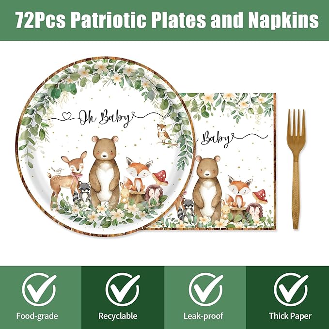 72PCS Woodland Baby Shower Plates and Napkins, Forest Animal Paper Plates and Napkins with Forks Disposable Tableware Set for Boys Girls Safari Jungle Animal Birthday Party Decorations