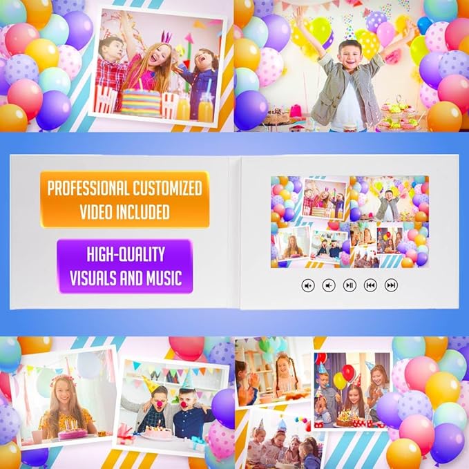 Custom Video Greeting Card for Kids Birthday – Personalized Photo Slideshow Gift – 7” HD Display, 512MB Memory, Rechargeable Lithium Battery, Plays Instantly