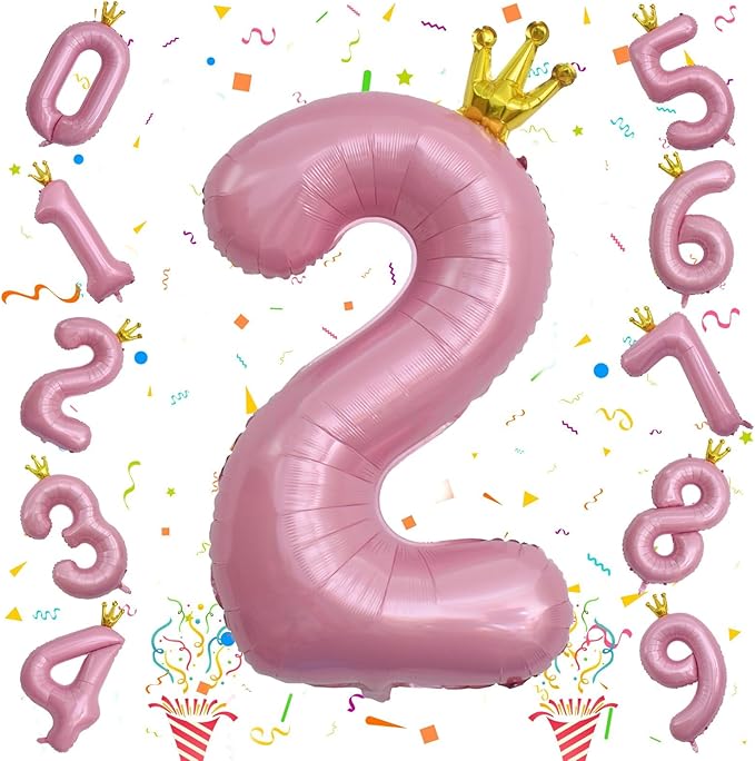 40 Inch 2nd Birthday Number Balloon, Pearl Pink Foil Giant Number Balloons 0-9 with Crown, for Kids Girls Women 20th Birthday Party Decor Baby Shower Anniversary New Year Party Decoration Supplies