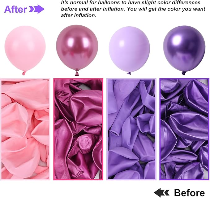 RUBFAC Pink Purple Balloon Garland Arch Kit 129pcs Different Sizes Pack of 18 12 10 5 Inch, Latex Metallic Confetti Lavender Purple Pastel Pink Balloon Garland Arch Kit for Birthday Wedding