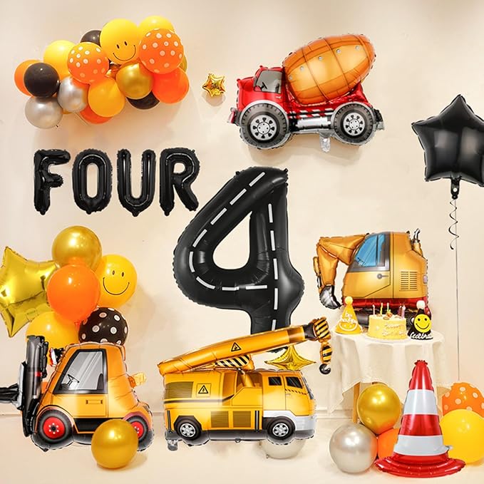 14pcs Construction Theme Birthday Party Decorations, Number 4 Large Construction Truck Traffic Cones Foil Balloon, 4th Boy Birthday Party Decoration Supplies (4th)