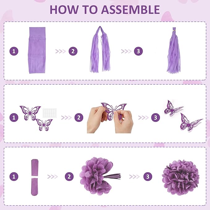 Dusty Purple Birthday Party Decorations, Lavender Pink Sand Confetti Rose Gold Balloons Happy Birthday Banner Fringe Curtains Butterfly Hanging Swirls Circle Dots Tassels Pompoms for Women Girls Party